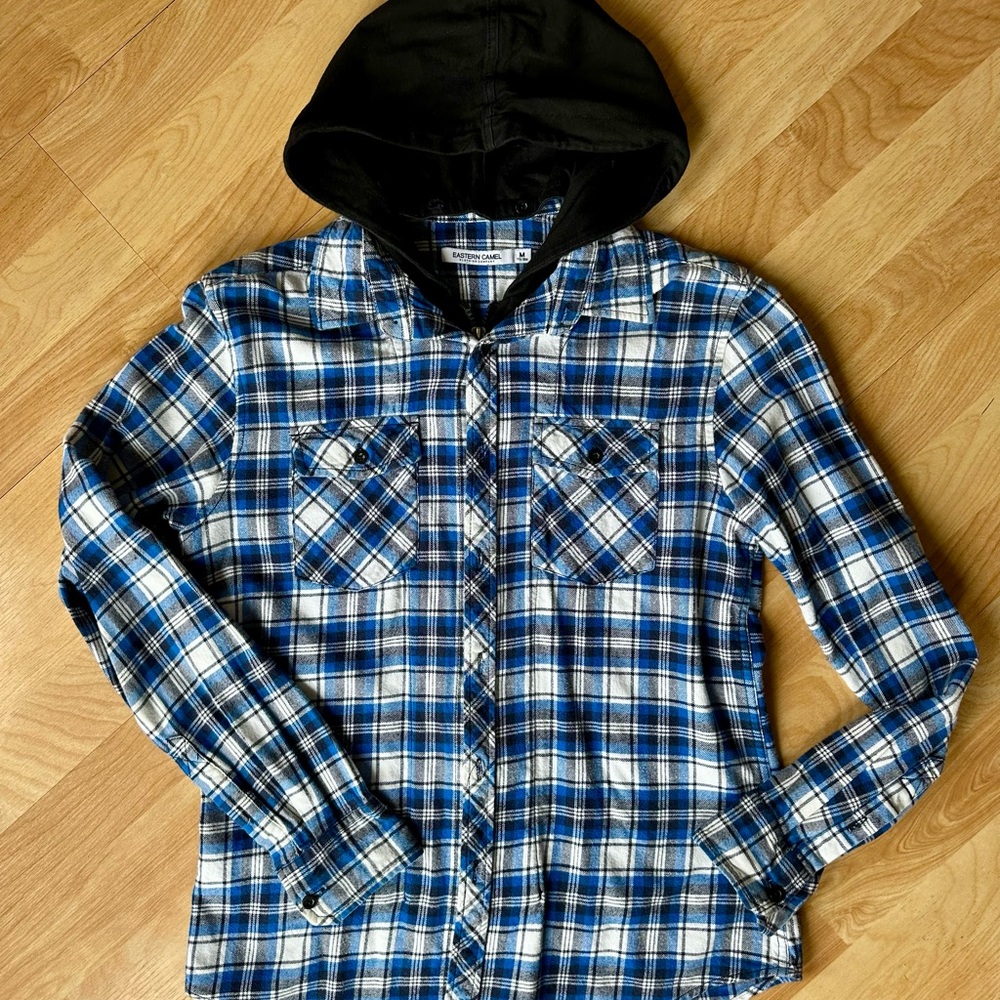 Plaid Flannel Hoodie Shirt - Blue and Black